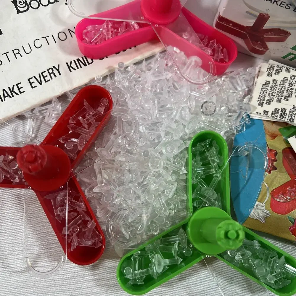 Vintage BIG LOT Pixie Bow Maker Kit 100s Bow Pins & Instructions Green Pink Red